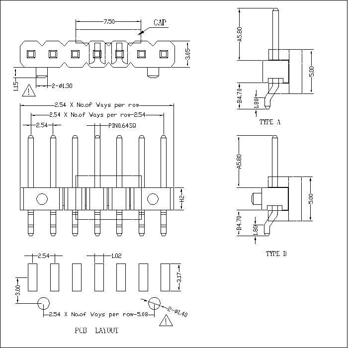 PHEM02-XXS 2.54 mm Pin Header Single Row Angle SMT Type W3.05